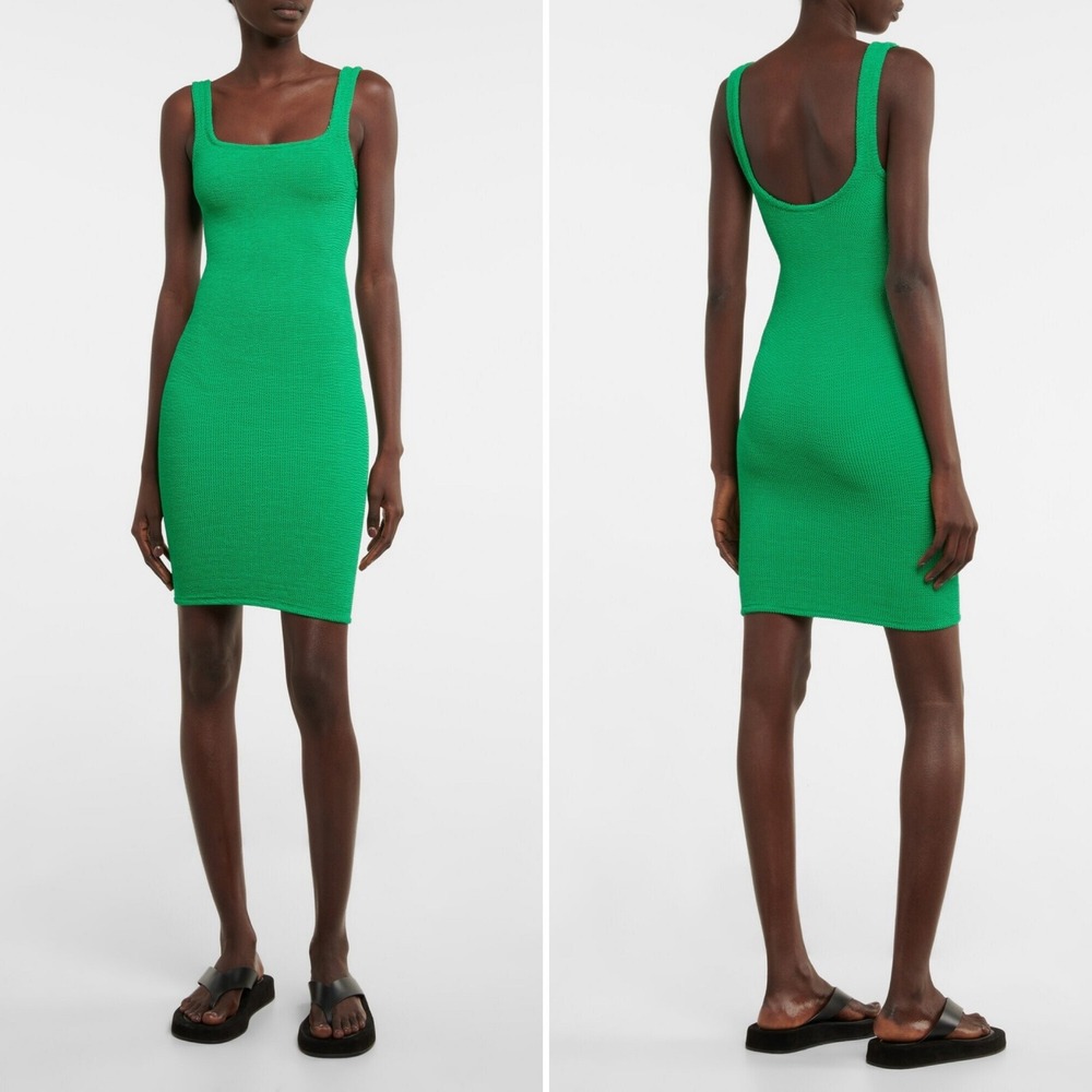 Hunza G Tank Bodycon Minidress One Size Emerald Green Crinkle Knit Square Neck